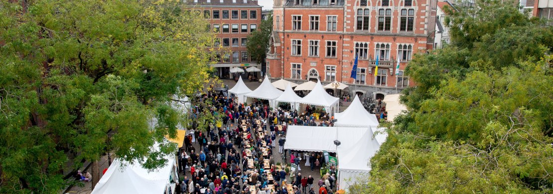 Auf dem Oldenburger Rathausmarkt sind zu hallo Grünkohl viele Stände und lange Sitzreihen zum Essen aufgebaut.